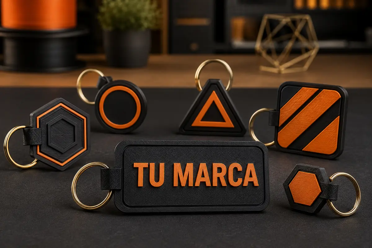 Llaveros personalizados impresos en 3D con la frase Tu Marca
